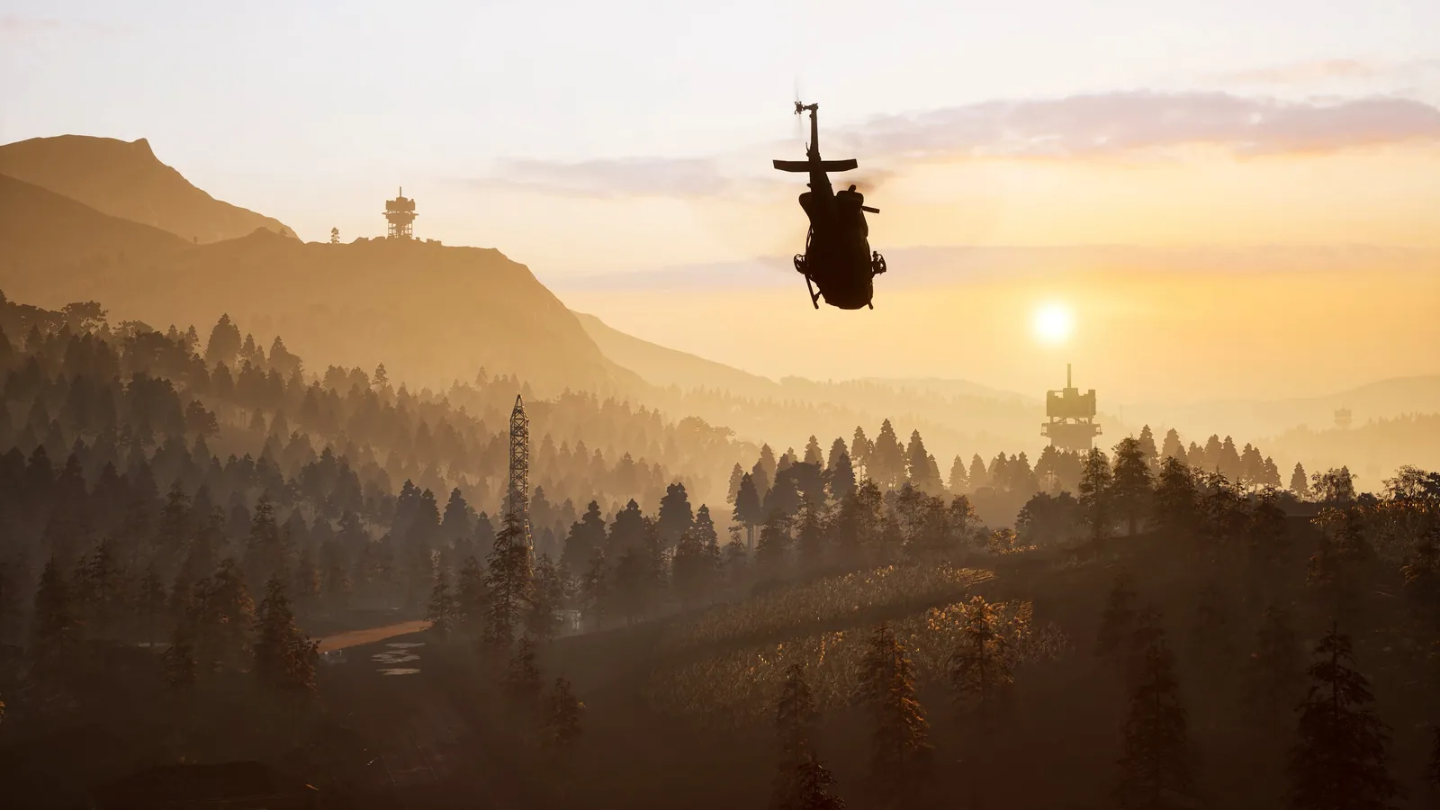 A helicopter above a forested valley at sunset in Wardogs.
