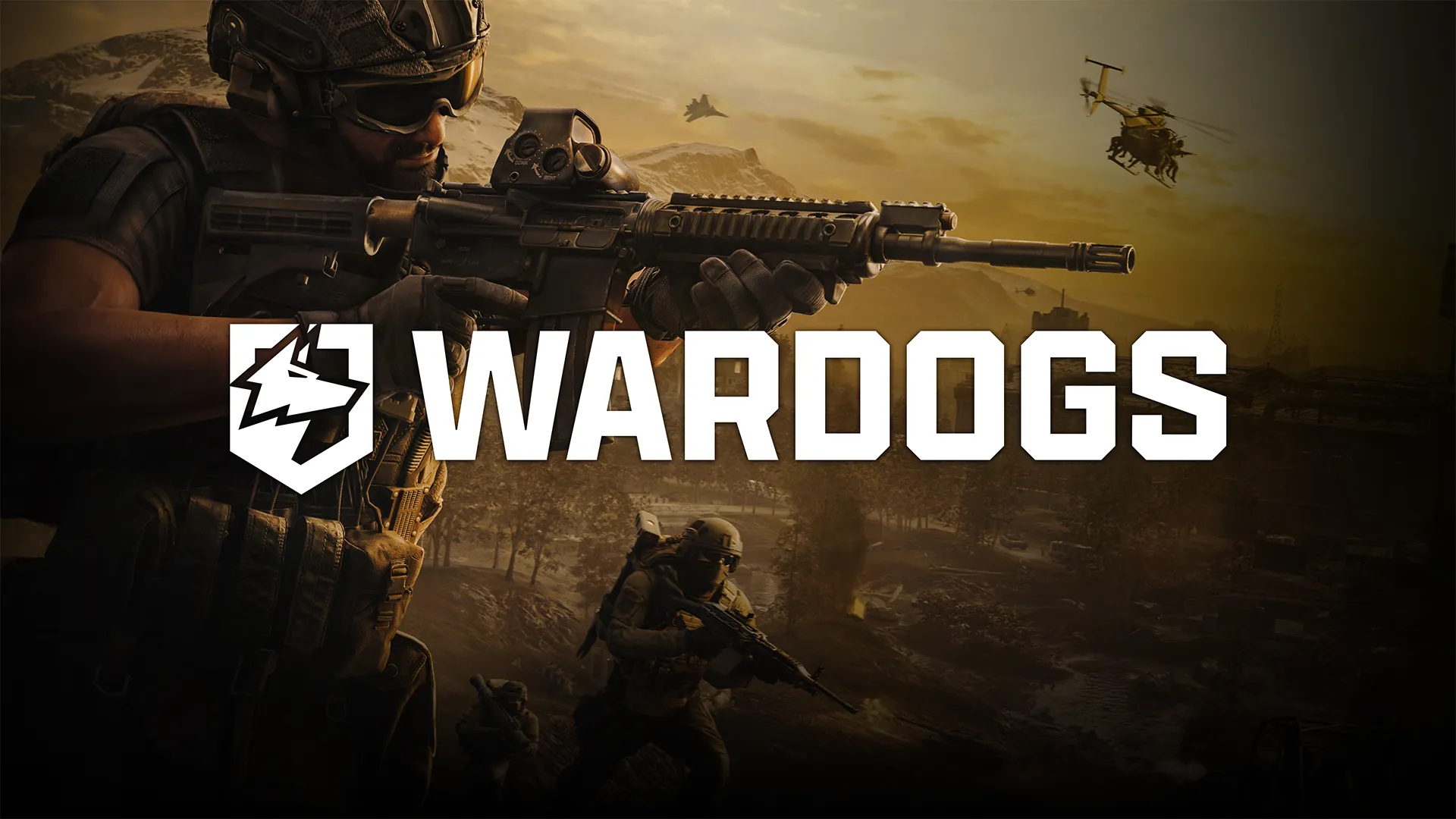 Vojáci a vrtulníky s logem hry Wardogs.